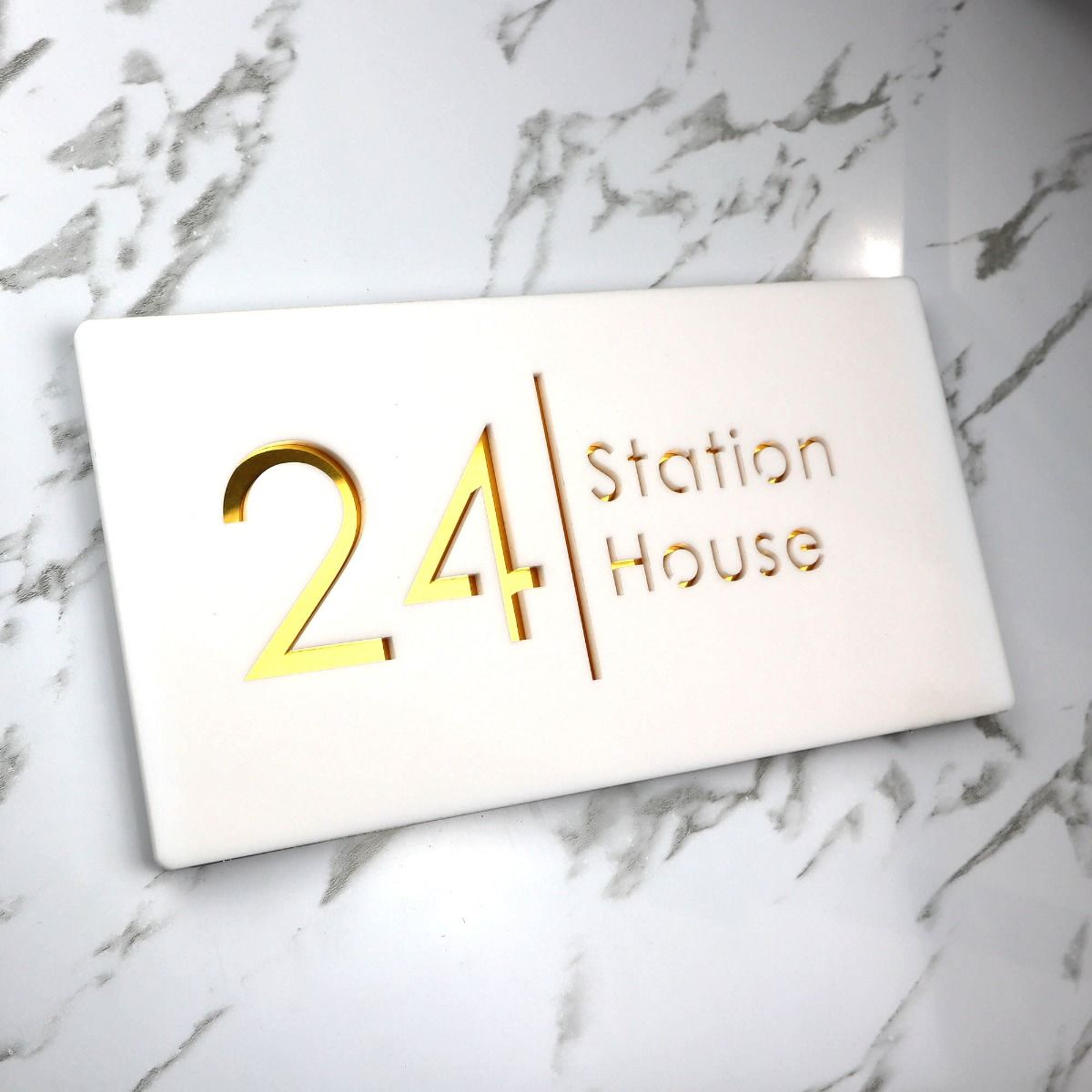 Door Sign , Acrylic Mirror Tech ----- Pristine White X Deep Gold Mirror , Spanish Style