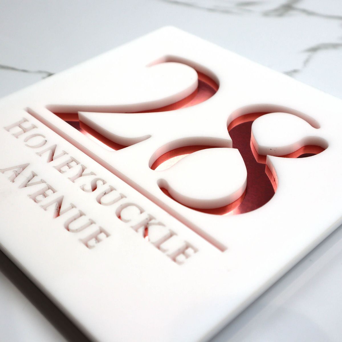 Door Sign , Acrylic Mirror Tech ----- Pristine White X Rose Gold Mirror, British Style