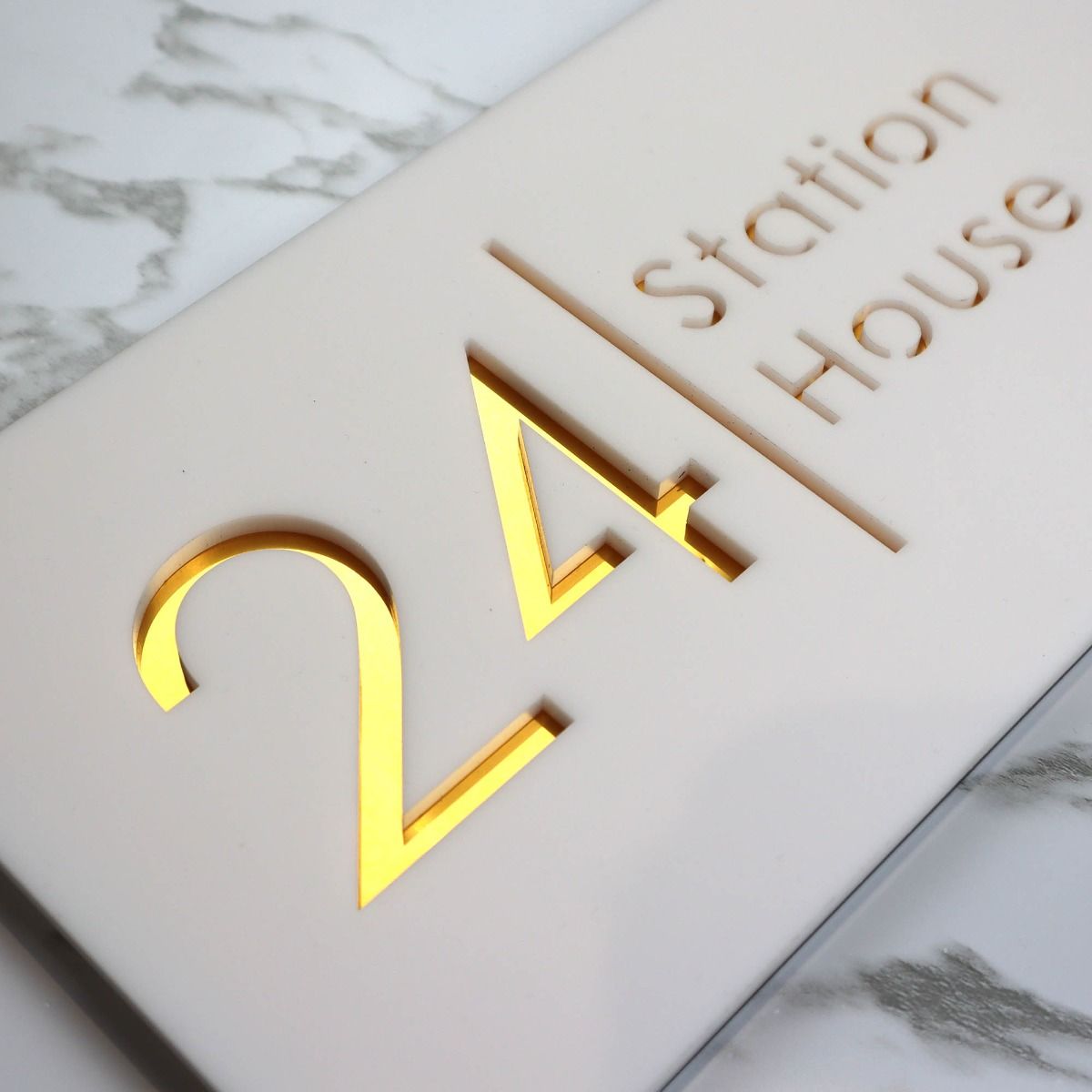Door Sign , Acrylic Mirror Tech ----- Pristine White X Deep Gold Mirror , Spanish Style