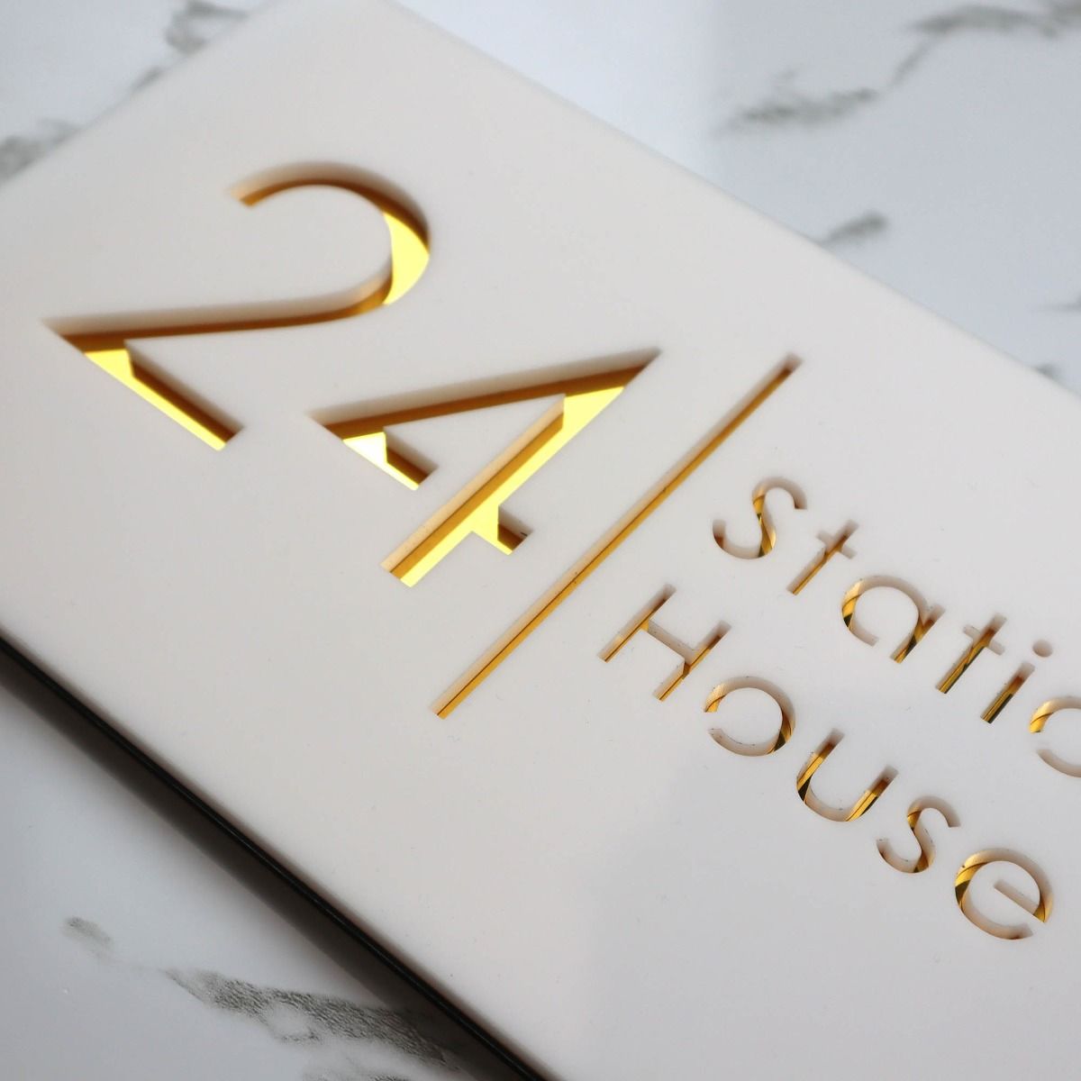 Door Sign , Acrylic Mirror Tech ----- Pristine White X Deep Gold Mirror , Spanish Style