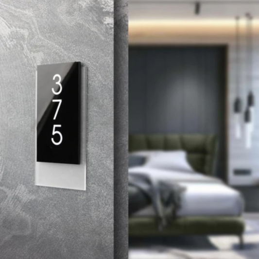 Embossed Double Acrylic Sign - Glossy Black * White Embossed Numbers , Hotel Signs , Resort Signs