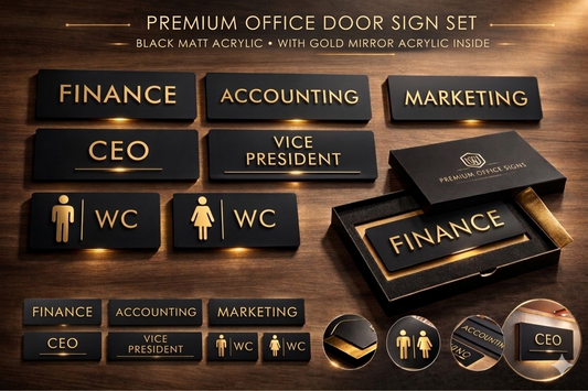 Full OFFICE Set - CLASSIC , Black Matt * Gold Letters, Sign (6,8,10 Signs )
